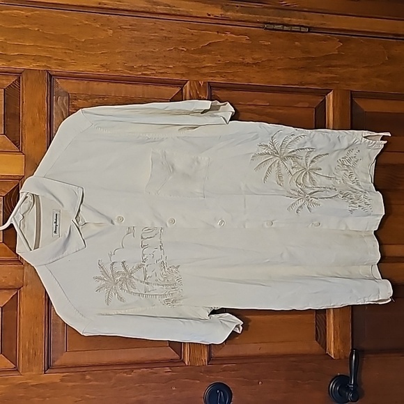 Tommy Bahama sz large embroidered palm trees cream button short sleeve shirt - Picture 1 of 6